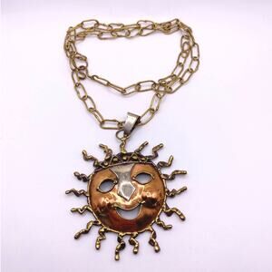 Vintage Artisan Mixed Metal Sun Pendant Necklace – 24” Handmade Smiling Design